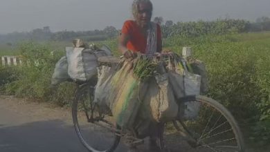 An elderly woman from Mazdia is moving forward with her life on a bicycle.