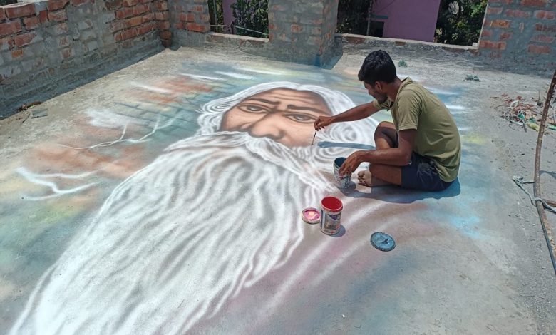 Canvas on the ceiling! Young man paints a giant canvas and puts it on a shelf